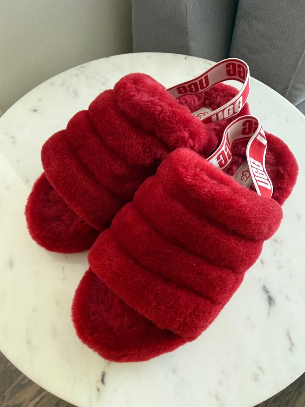 UGG Red Plush Shearling Slide with Branded Heel Strap Size 9